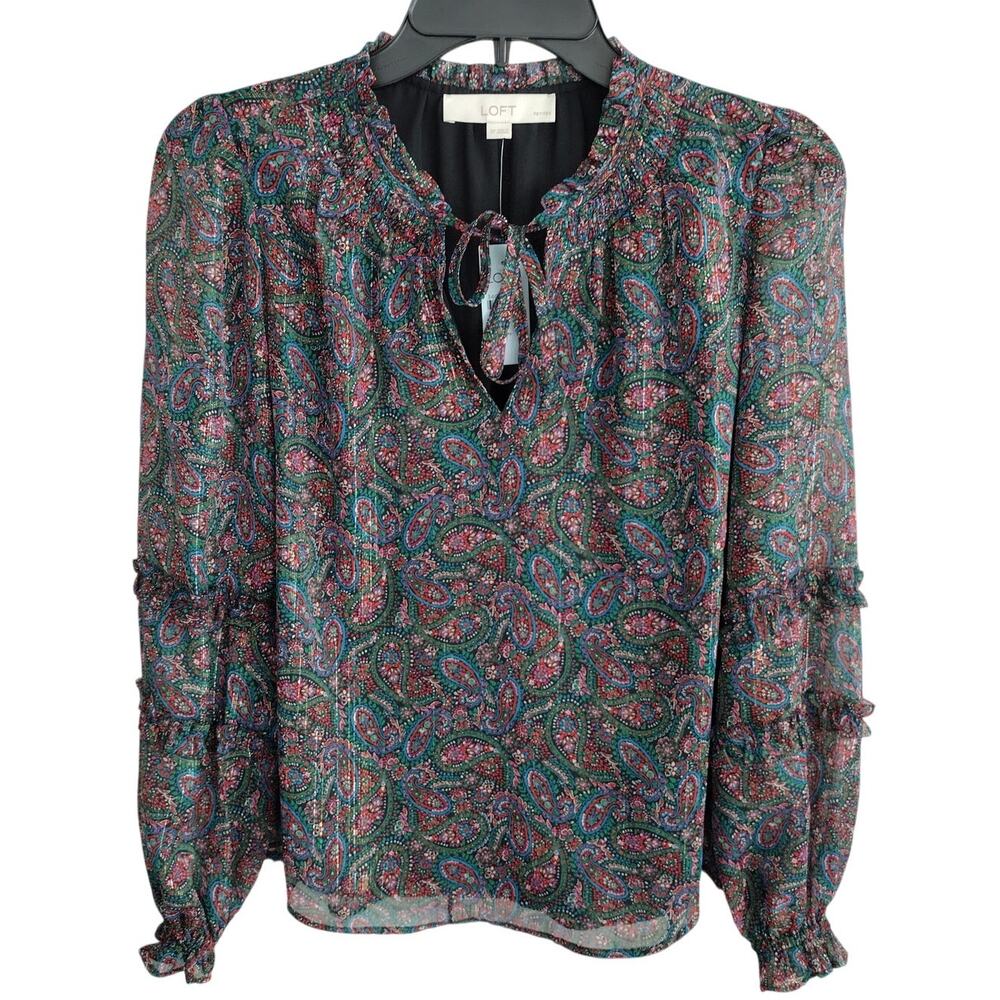 LOFT NEW Paisley-Print Metallic Weave Balloon Sleeve Chiffon Blouse Small Petite